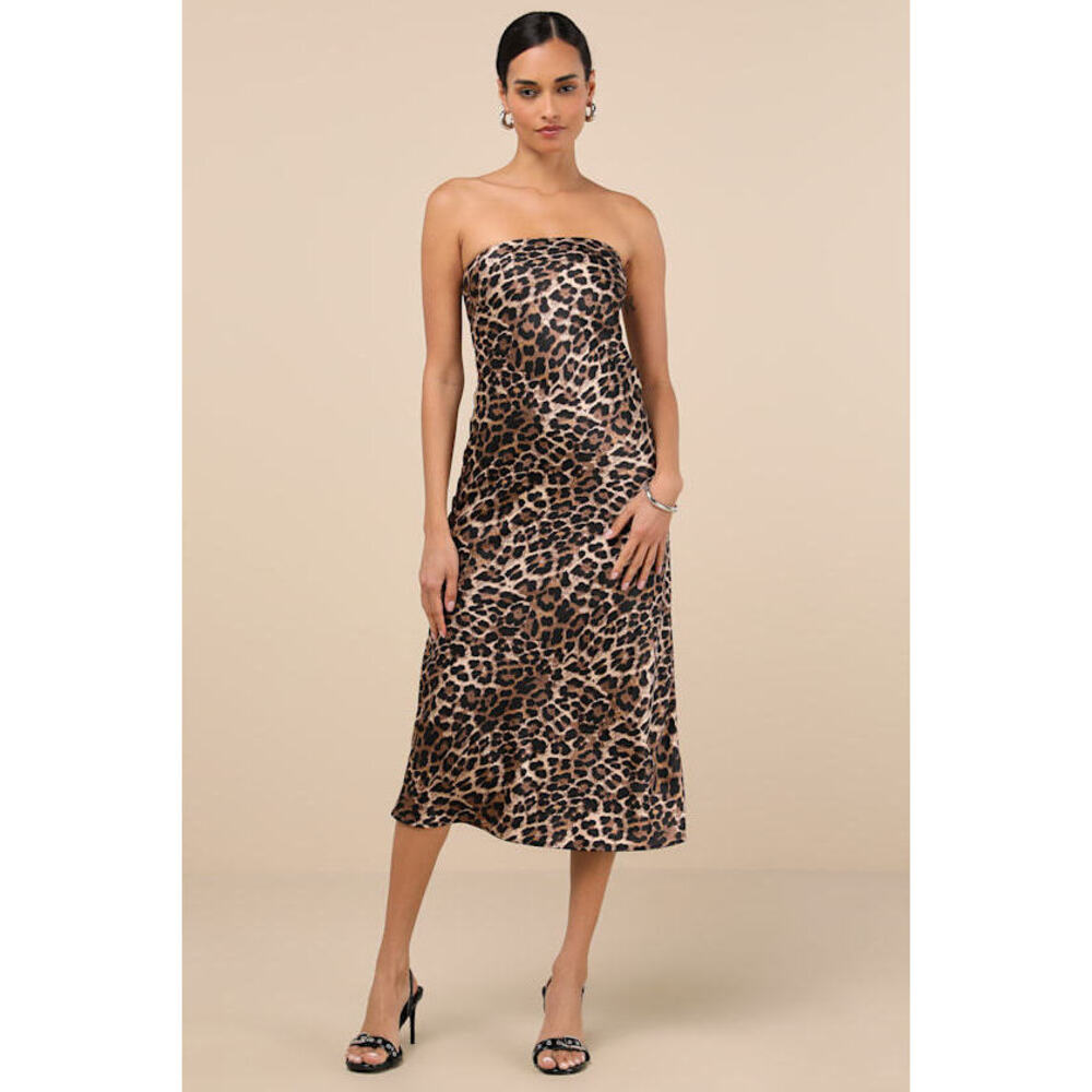 Lulus Effortless Bliss Leopard Satin Strapless Cowl Back Midi Dress Brown